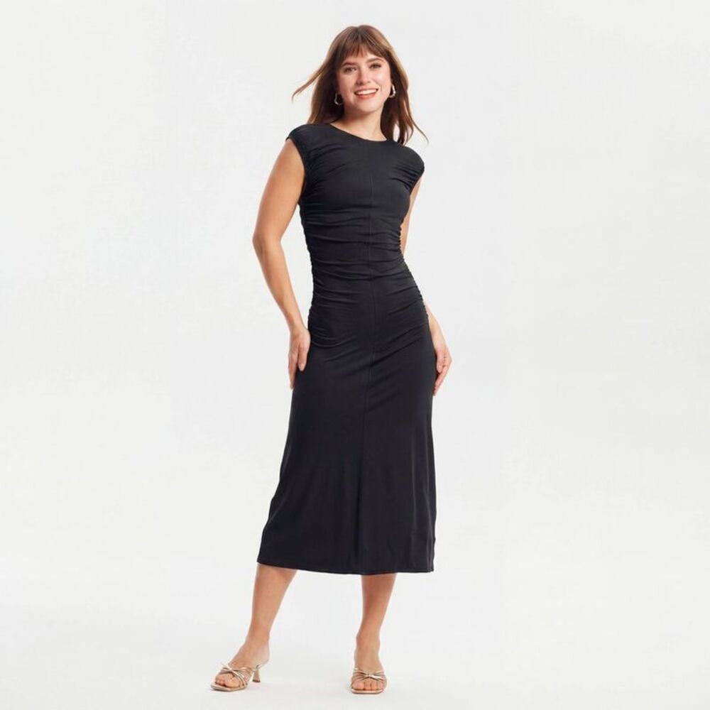 Women's Cap Sleeve Ruched Waist Midi Dress - A New Day Black S